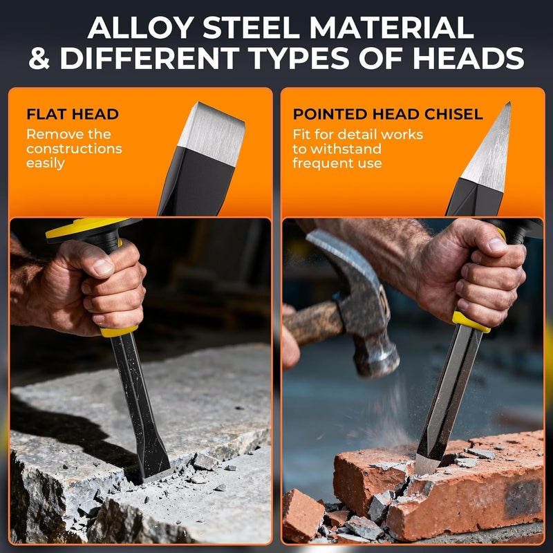 INCLY 3PCS Masonry Chisel Set with Hand Guard, Stone and Rock Chisel, Heavy Duty Concrete Chisel Tools Including 11 Inch Point & Flat, 8 Inch Brick Chisels for Breaking Splitting Cutting - Image 4